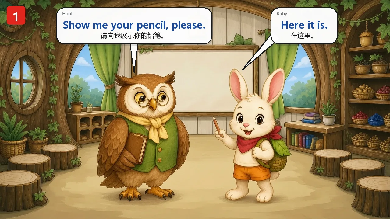 真实教材第一页：猫头鹰请兔子展示铅笔，兔子回答 Here it is.