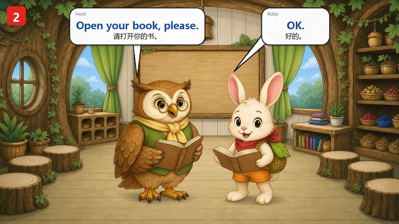 同套教材第二页：Open your book, please. / OK.