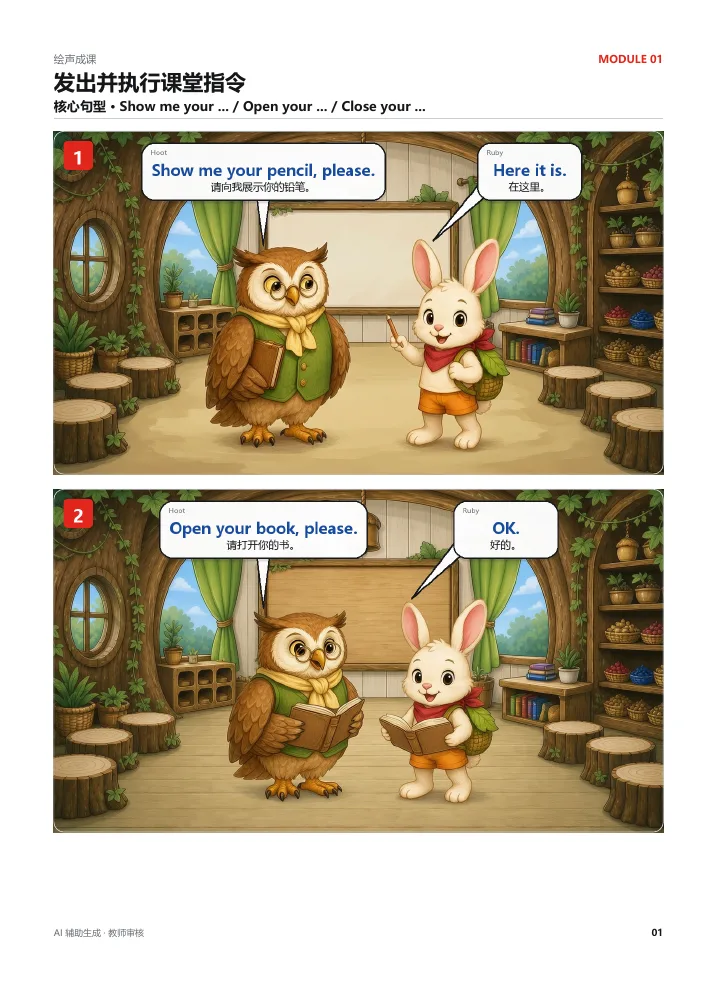已导出 PDF 第一页：包含铅笔与开书两组课堂指令对话